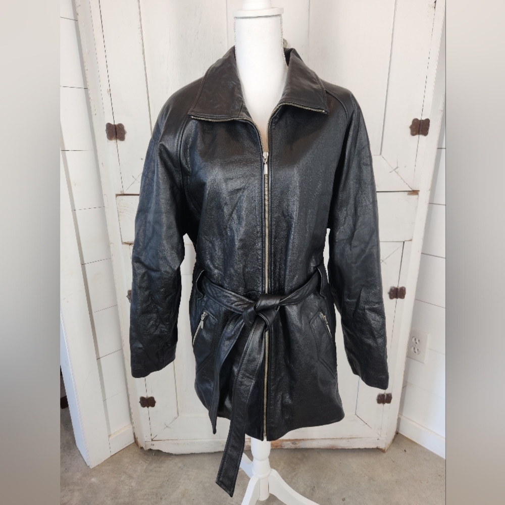 Vintage Sonoma Women's Black Genuine Leather Belted Jacket, Zip Up, Sz Large